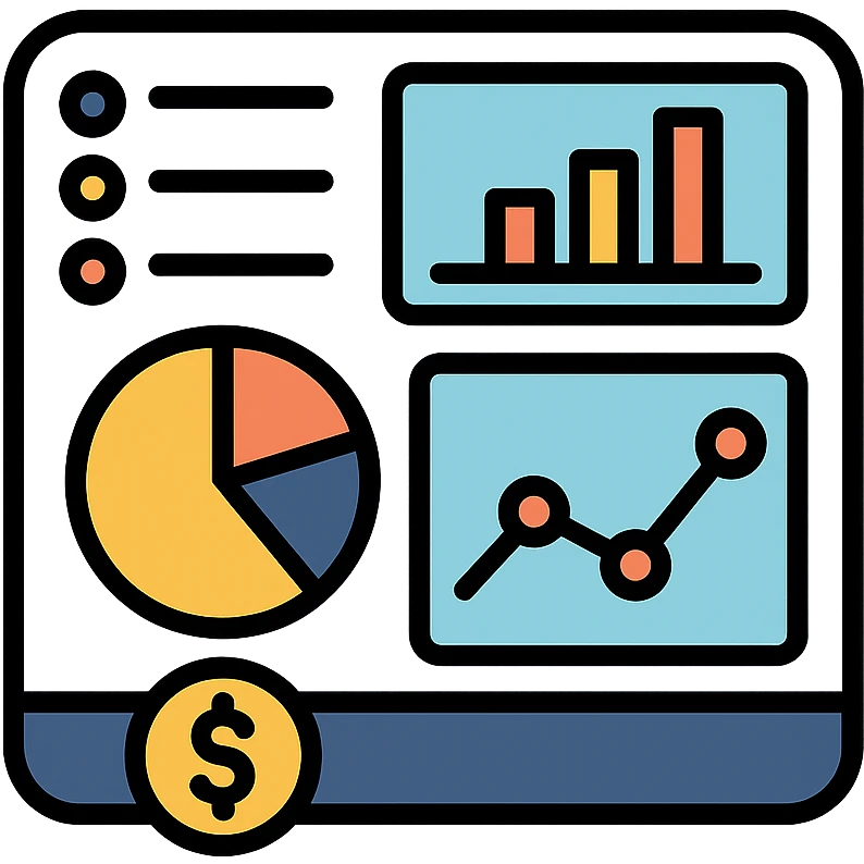 dashboard with charts and graphs, financial theme, modern icon style emoji