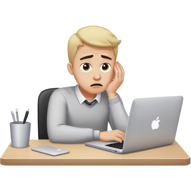 A stressed-out manager sitting at a desk with a MacBook, wide eyes, sweat on forehead, pulling their hair in frustration emoji