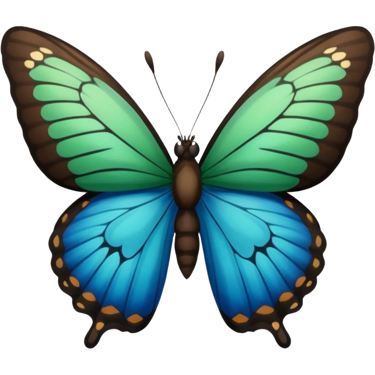 A butterfly with blue edges, green wings, and a black body, Between the wings brown  emoji