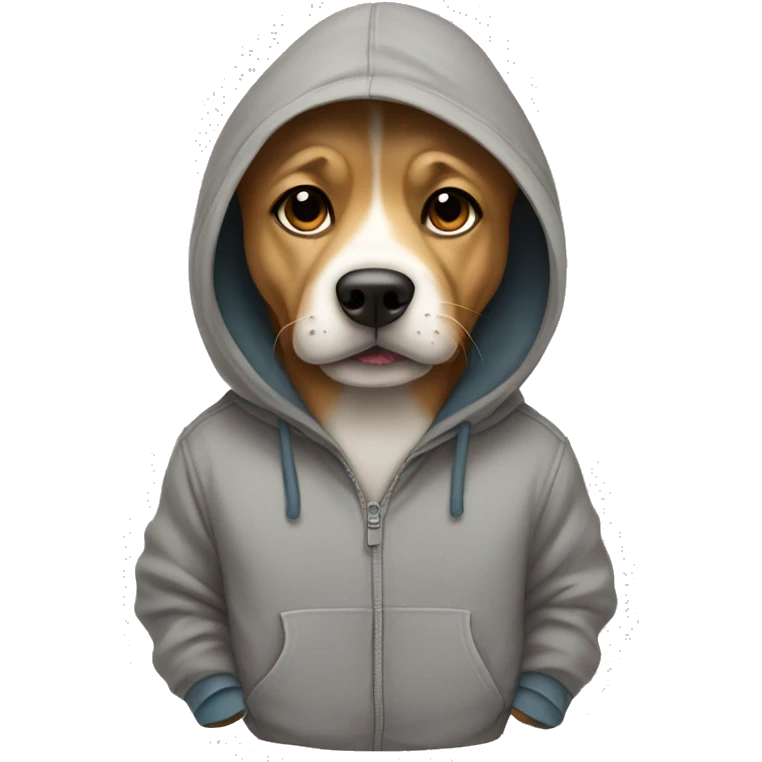 Dog wearing hoodie with hood on and paws in his hoodie pockets emoji