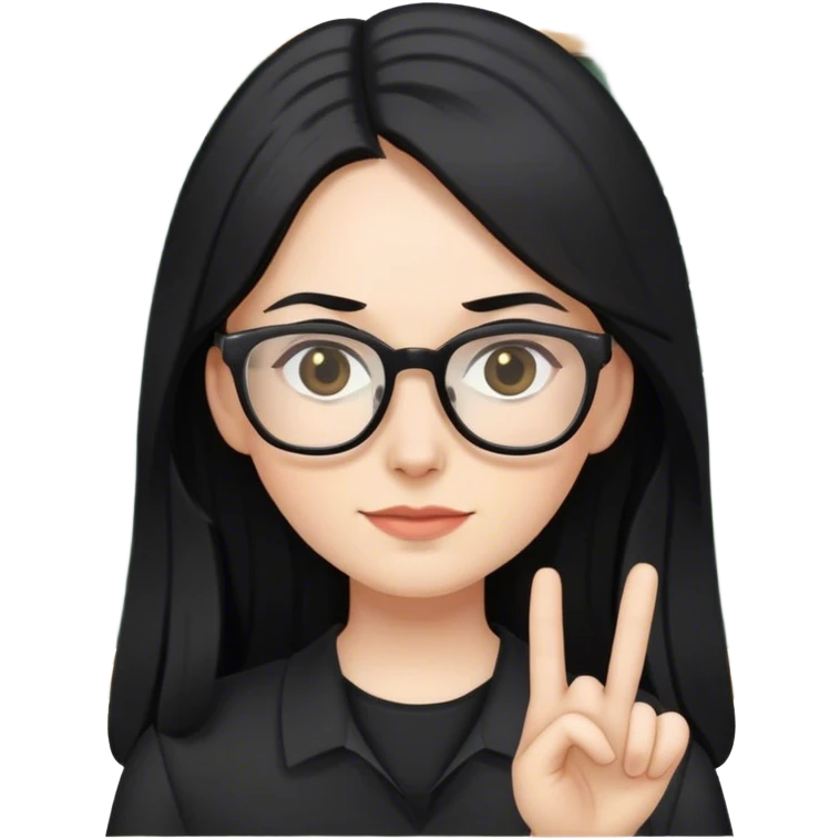 pale female teacher with long black hair, wearing glasses and black shirt teaching emoji