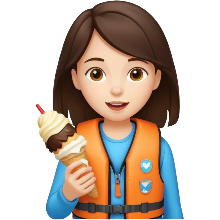 girl brunet kid wearing lifejacket, eating ice cream emoji
