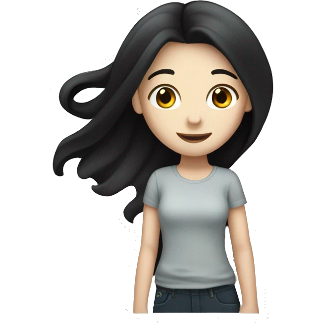 Pale girl with long black hair waving hi emoji