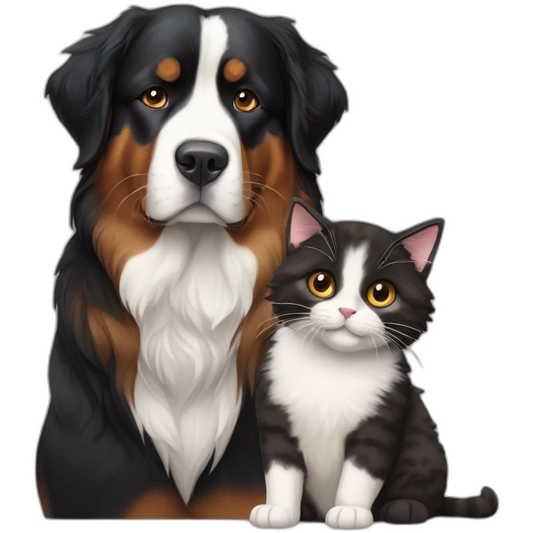 A Bernese dog next to A black and brown tortoiseshell cat with no white fur emoji