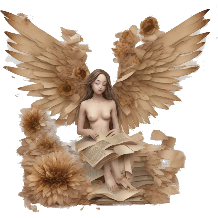 Library book bookworm academia aesthetic beige angel broken angel fallen angel tattoos with broken wing damaged wing torn wing, made of newspaper cuttings and dried flowers brown flowers emoji