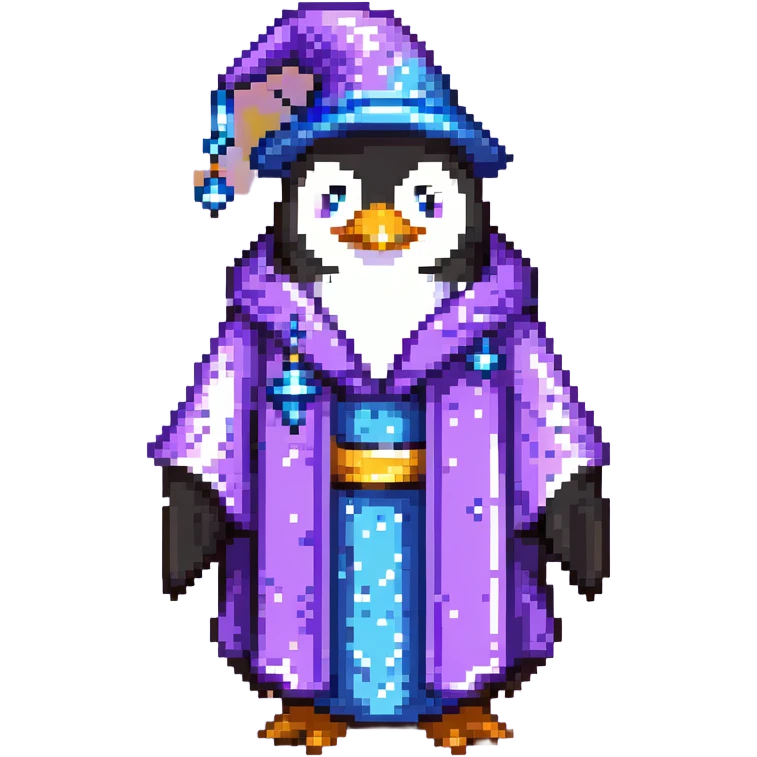 Penguin wizard with purple robe and blue magical sparkles emoji