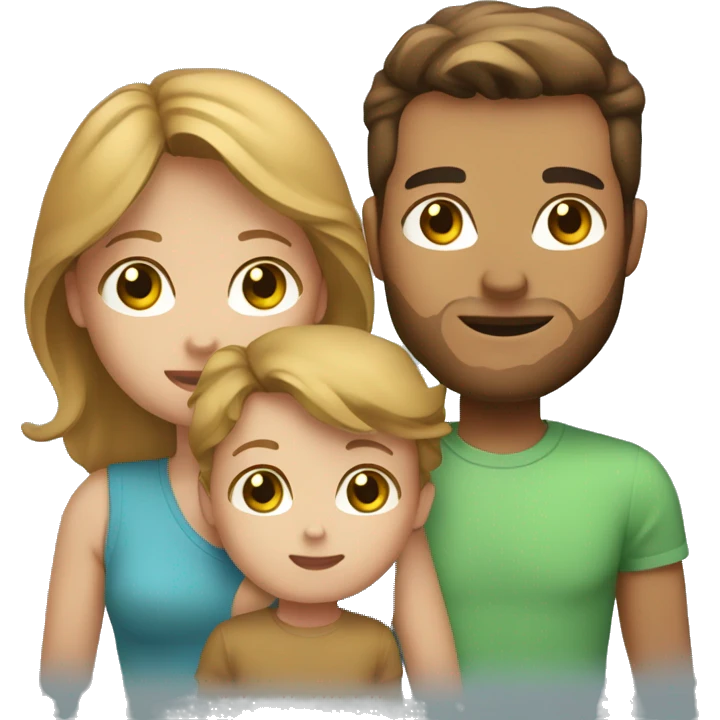 family with baby, baby has blue eyes and caramel blonde hair, mom has brown hair green eyes, dad has black hair brown o emoji