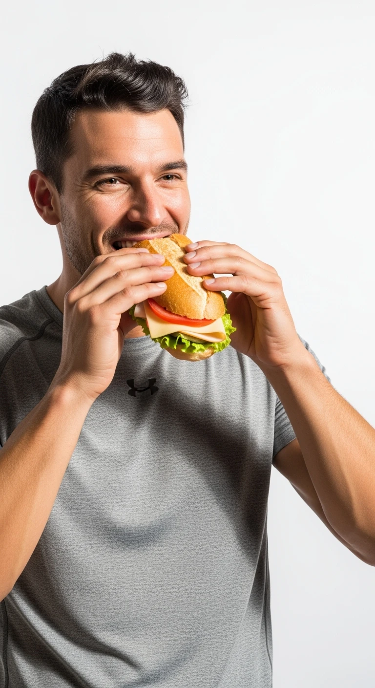uomo fitness felice con che mangia un panino, sfondo bianco emoji