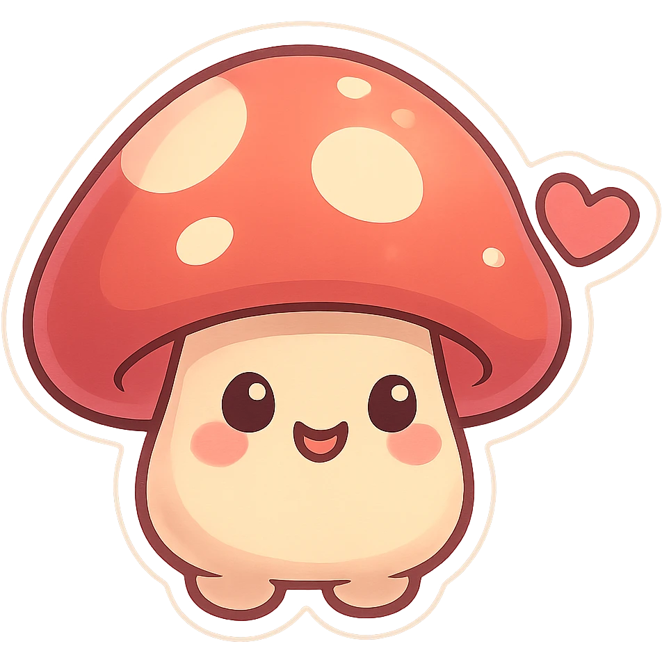 chibi sticker-style mushroom with a heart accent, cute and exaggerated emoji