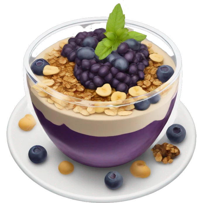 Açaí in a clear cup with layers of fruits and granola and condensed milk emoji