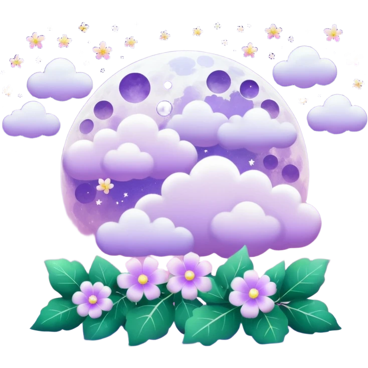 Beautiful poetic ethereal romantic magical aesthetic sparkly glittery shiny pretty floating pastel lilac lavender Violet full moon and flowers and leaves aesthetic pastel clouds scenery  emoji