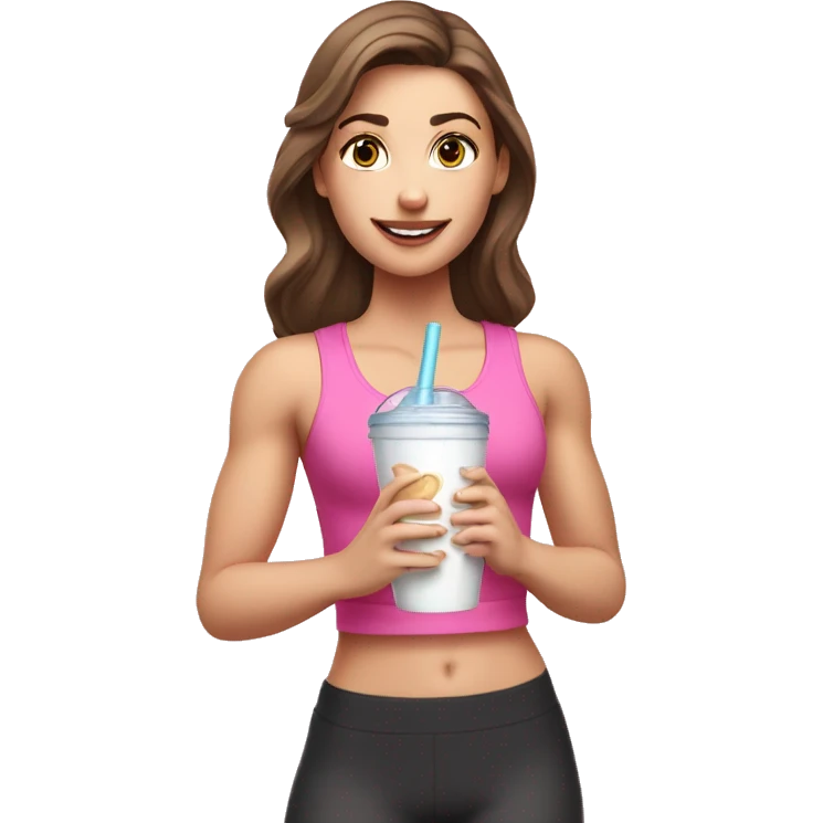 Brown haired white girl in pink croptop drinking protein shake emoji