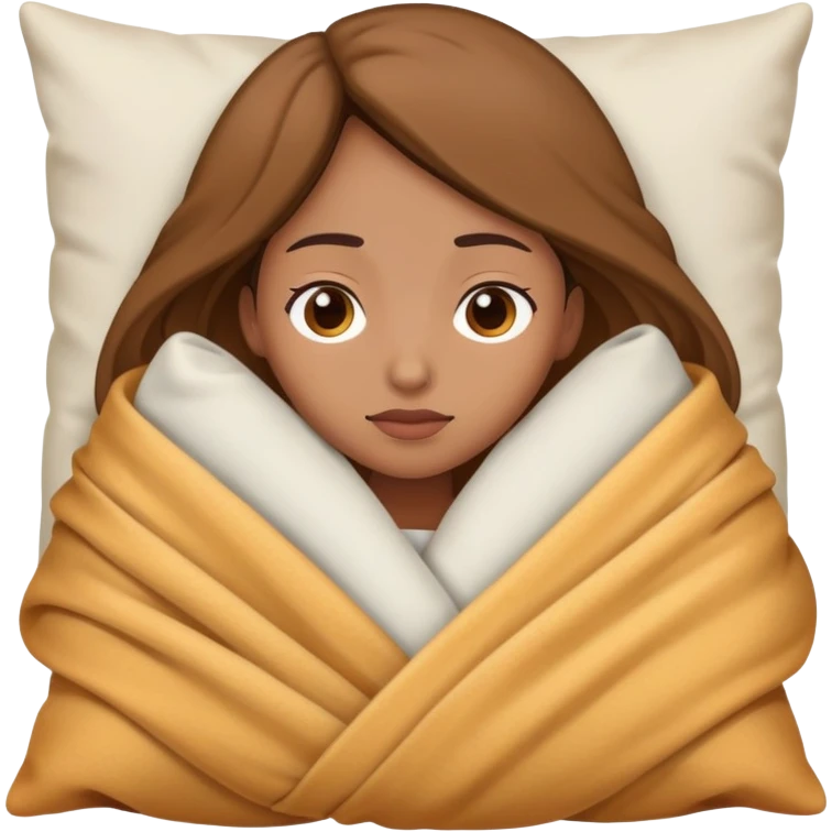 Perempuan berkulit coklat terang, menyelimuti dirinya, sambil menaruh kepala di bantal emoji