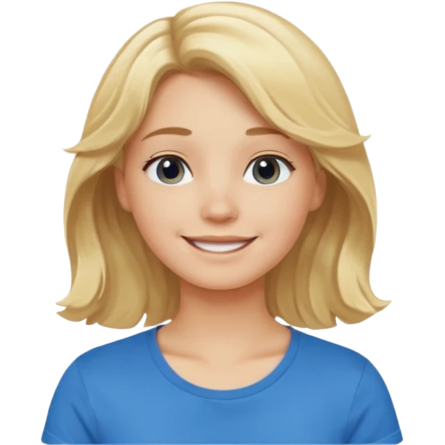 Happy blond girl with light weavy hair with a blue shirt but we can see only her face and neck and the top of the t shirt, no whole body emoji