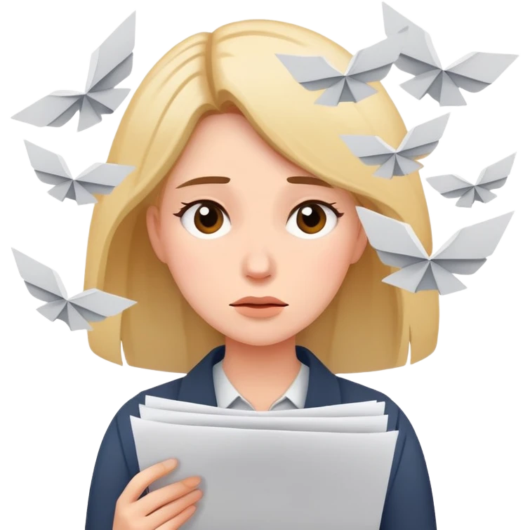 tired woman with flying papers around her emoji