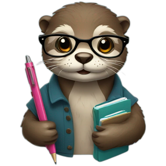 Otter with glasses holding multiple journals, planners and pens emoji