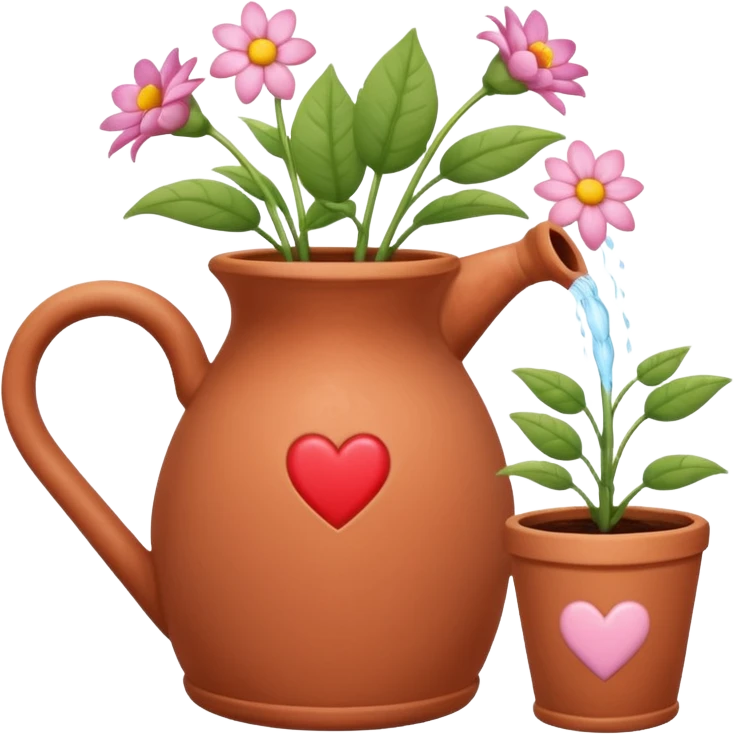 i want a watering jug with legs watering 3 plans in increasing height with hearts in the flowers emoji