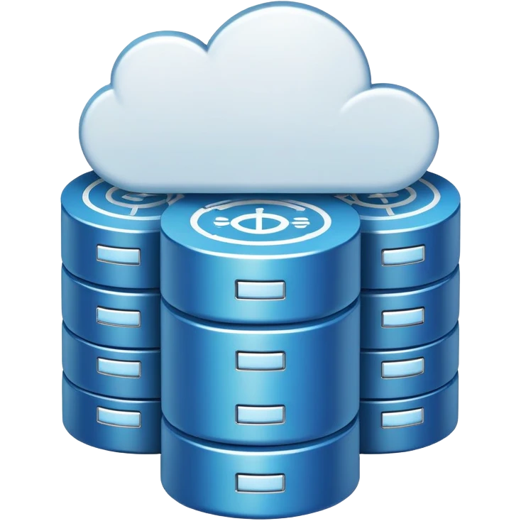 An icon featuring a database server, stacked data disks, and a cloud symbol, representing databases. The design includes binary code, a data structure diagram, and network connections, symbolizing data storage, management, and organization. Transparent background emoji
