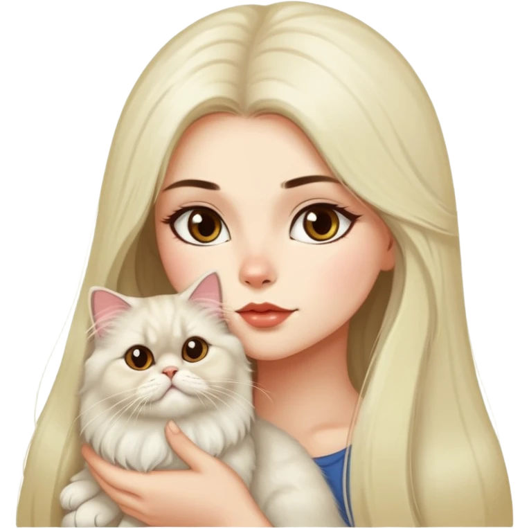 A pretty girl with long dark hair is kissing her light hair persian cat. emoji