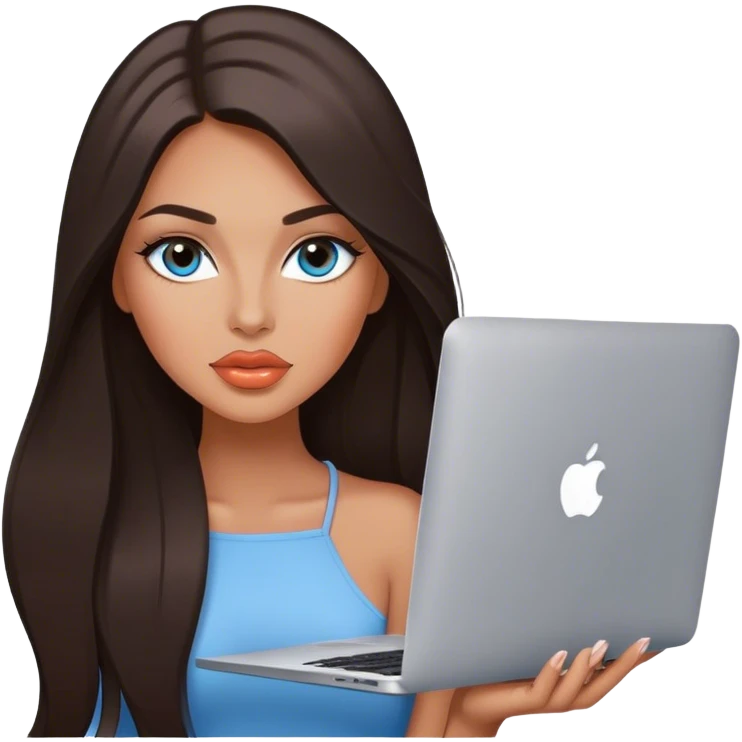 Glamours tanned very beautiful girl with pump peach lips and dark chocolate straight smooth long hair, blue-grey eyes with MacBook emoji