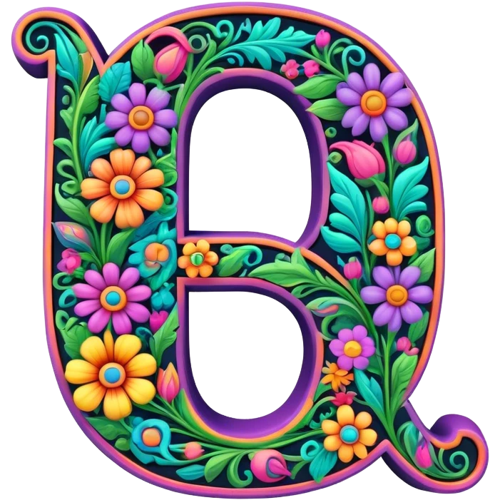 3D, gothic style psychedelic colored capital Letter Q with hippie style flower border emoji