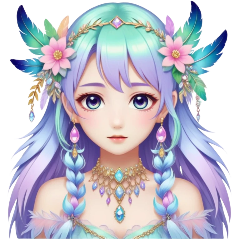Beautiful gorgeous anime lady with beautiful iridescent-special-hair, fashion aesthetic, ethereal, fairycore, pastelcore, feather, flower, crystals, accessories, jewelries, gold, colorful emoji