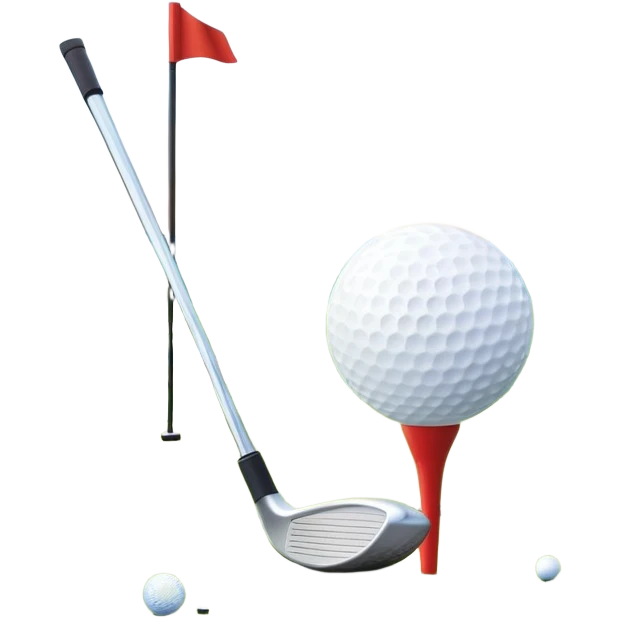 A golf ball on a tee with a golf club placed beside it, set against the backdrop of a well-manicured green golf course. The scene emphasizes the equipment and serene atmosphere of the sport, with soft lighting and a peaceful, open landscape emoji
