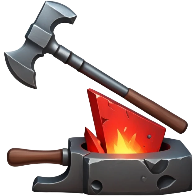Blacksmithing icon, forged metal piece being shaped with hammer and anvil, glowing red-hot metal, blacksmith tools like tongs and chisel, sparks flying, minimalistic style, clean lines emoji