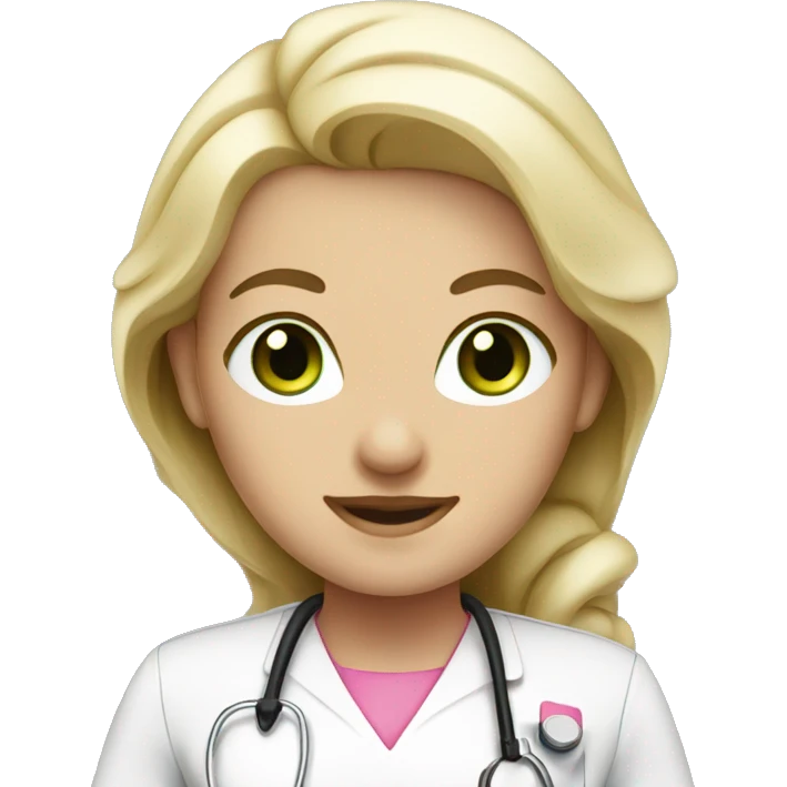 White blonde nurse with green eyes and tan skin wearing pink emoji