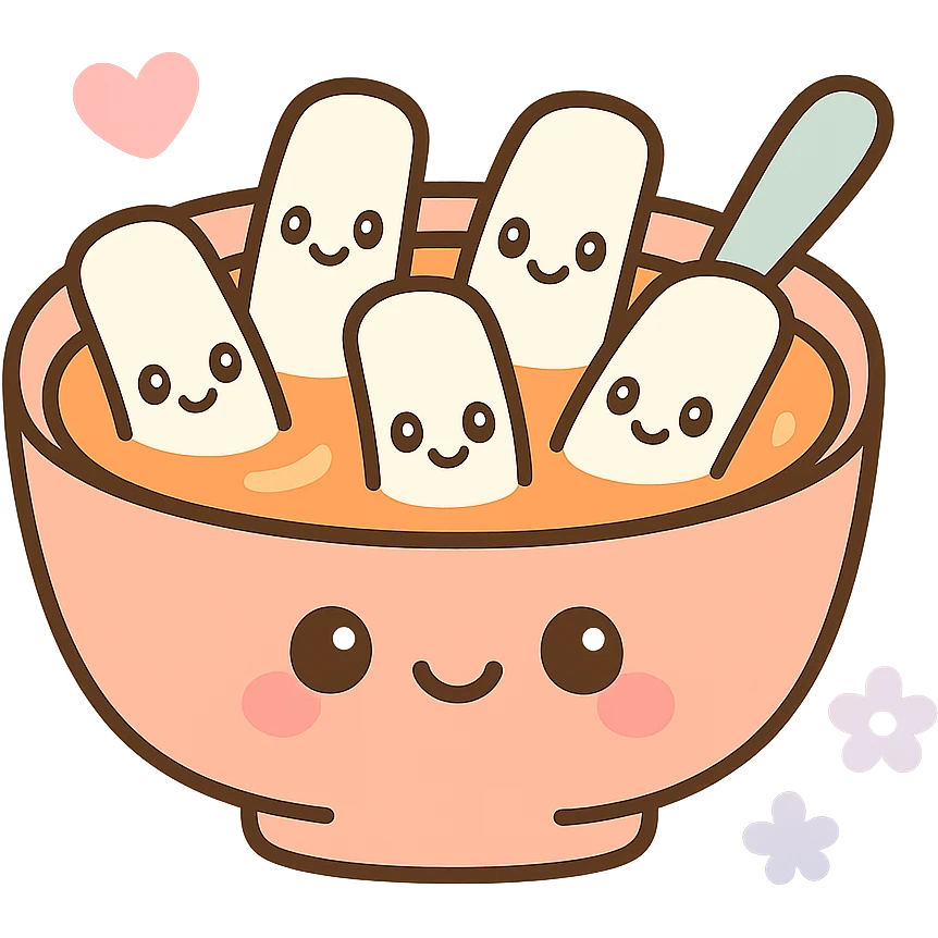 cartoon tteokbokki, smiling faces on rice cakes, playful, cute emoji