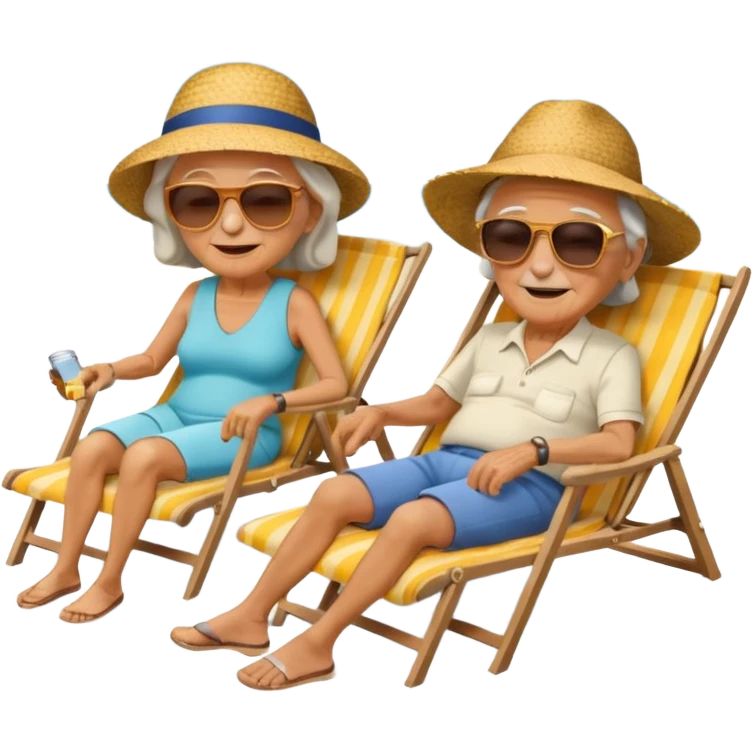 an emoji that shows elderly one woman and one man, both are retired and are lying in sun-chairs at the beach to recover from retiring-stress emoji