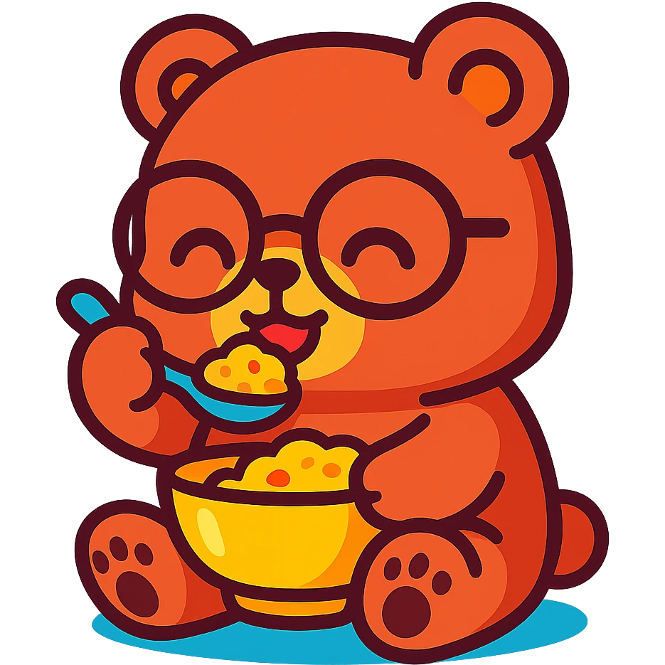 chibi bear with glasses eating, animated style, cute and vibrant emoji