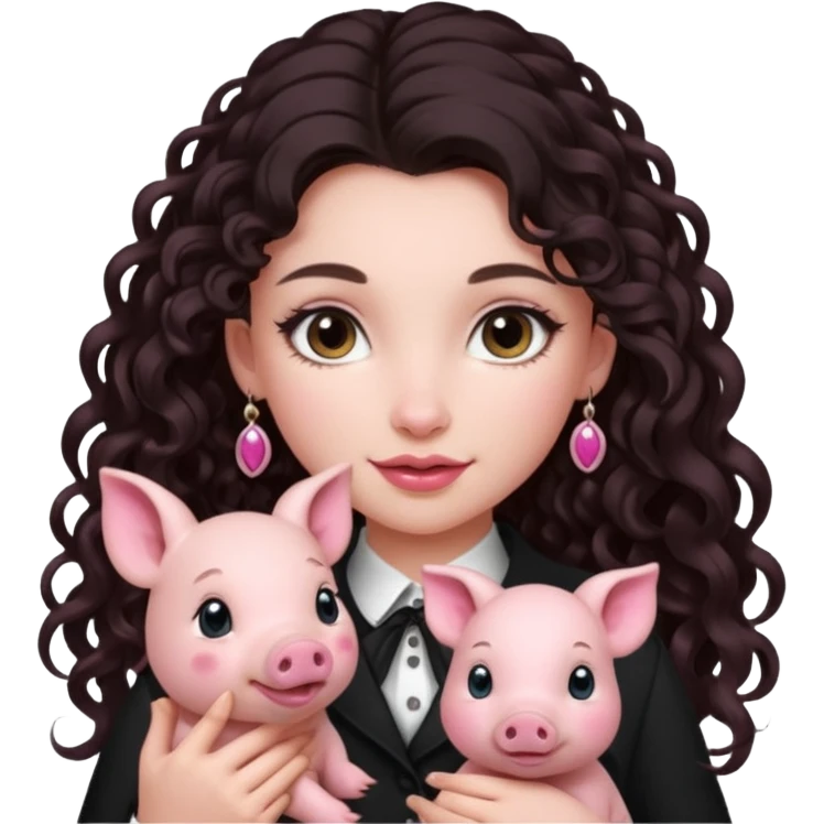 Ragazza bellissima sexy vestita bene capelli lunghi scuri con un piccolo maialino emoji