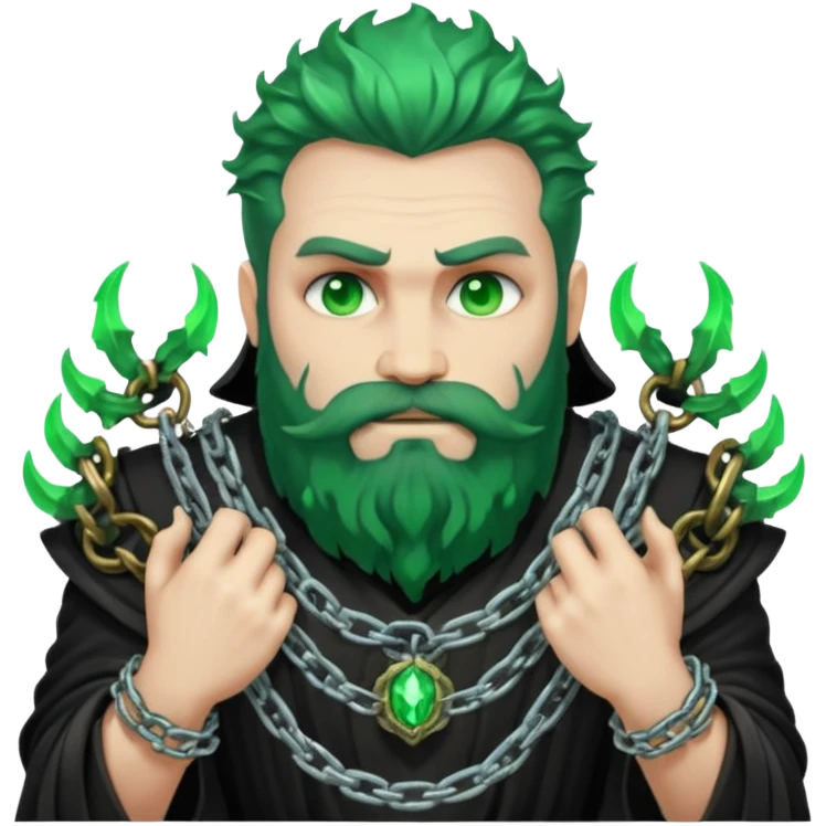 hades greek god with green flames and beard with chains on his arms and neck emoji