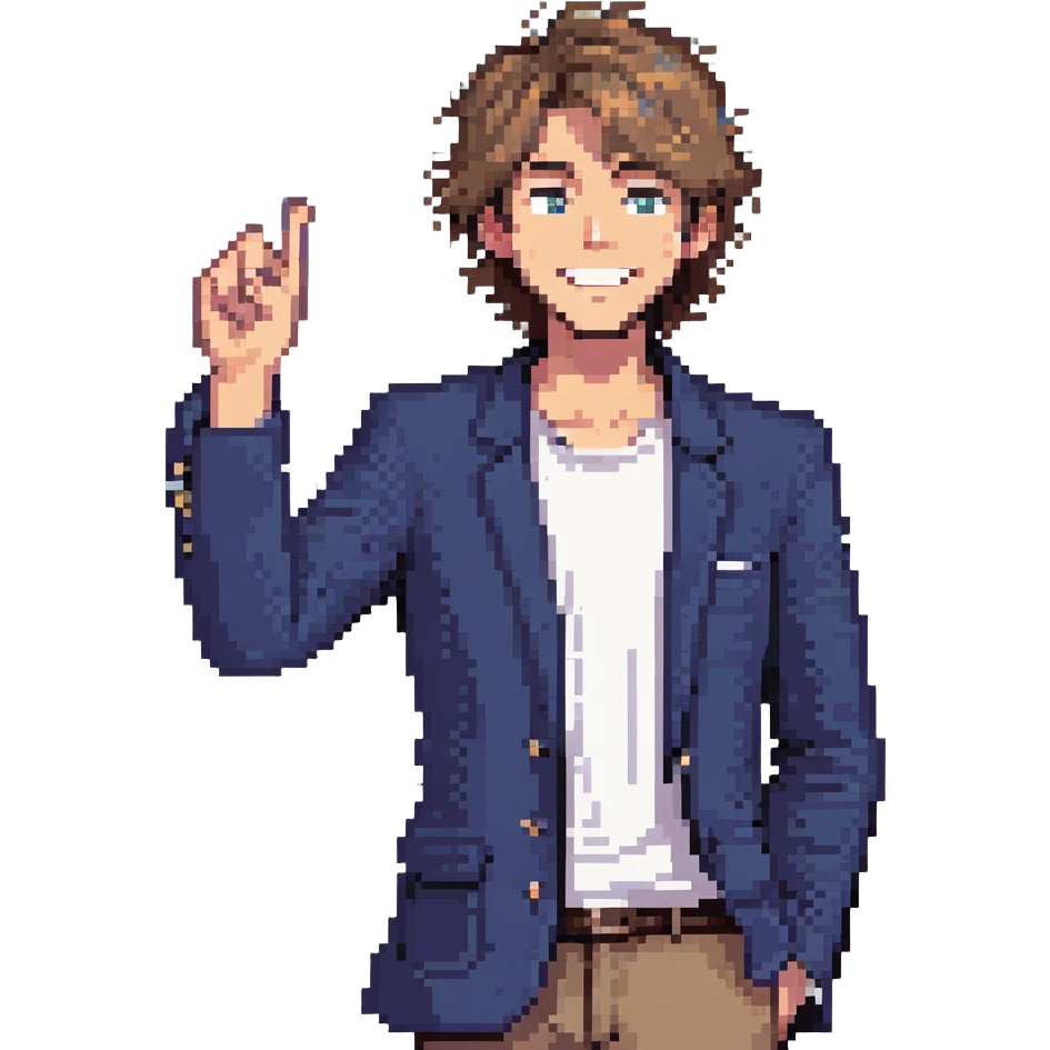 Flat pixel are, lively and clever male debater, fair skin, medium-length messy light brown hair, sharp eyes with a mischievous smile, wearing indigo blazer over a casual t-shirt, one hand raised mid-gesture, the other holding a floating speech bubble, waist-up, front-facing emoji