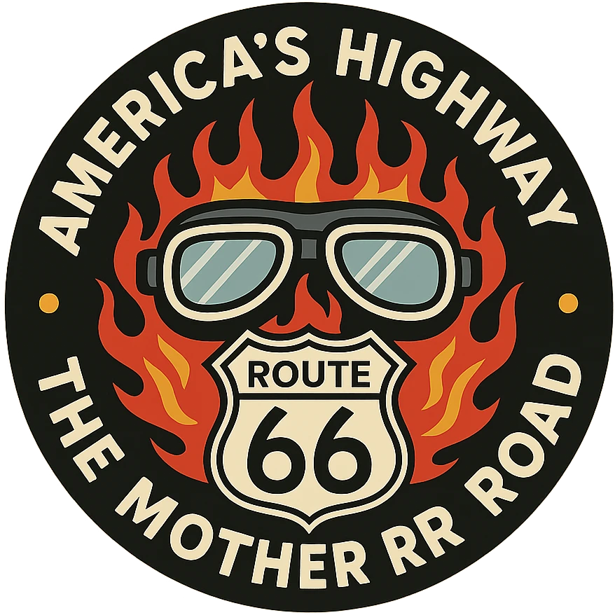 circular design for motorcycle cap, transparent background, text 'AMERICA'S HIGHWAY - ROUTE 66 - THE MOTHER ROAD', motif: motorcycle goggles, Route 66 sign, flame, modern style emoji