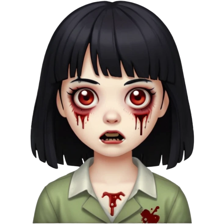garota zumbi com franja, cabelo preto, expressão fofa, detalhes de zumbi, estilo emoji de iPhone emoji