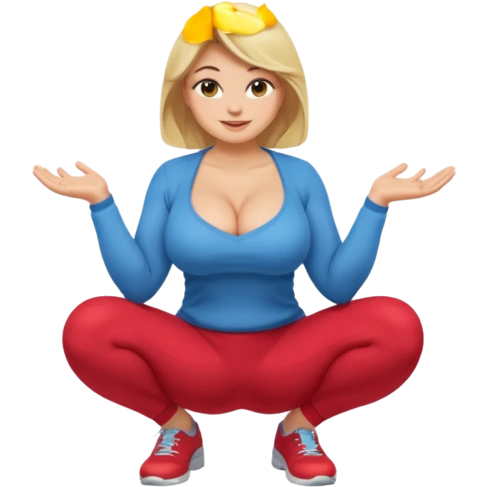 fullbody busty blonde woman, front view, squatting and sitting, cheerful expression, SFW, no nudity, apple emoji style emoji