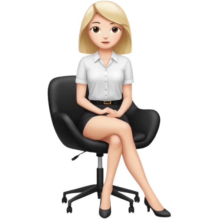 Close-up studio photo of a young woman’s bare legs crossed in a “leg over leg” pose while sitting on a modern black chair emoji