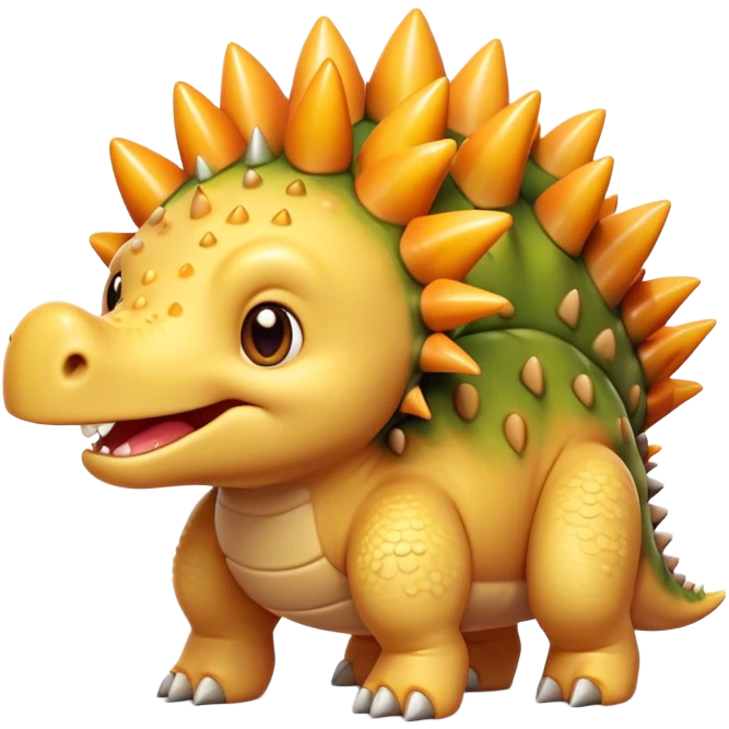 Cinematic Cute Stegosaurus Portrait Emoji, Head tilted playfully with a cheeky grin, featuring a charming, low-profile body with iconic, rounded bony plates and a spiky tail, a small head with sparkling, curious eyes, Simplified yet irresistibly adorable features, highly detailed, glowing with a warm, inviting earthy glow, high shine, affectionate and spirited, stylized with a touch of whimsical prehistoric charm, soft glowing outline, capturing the essence of a mischievous yet endearing Stegosaurus that seems as if it could waddle out of the screen into your arms! emoji