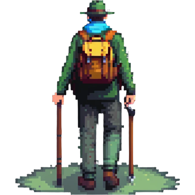 detailed man with visible face and full body standing in mist, wanderer with backpack and walking stick emoji