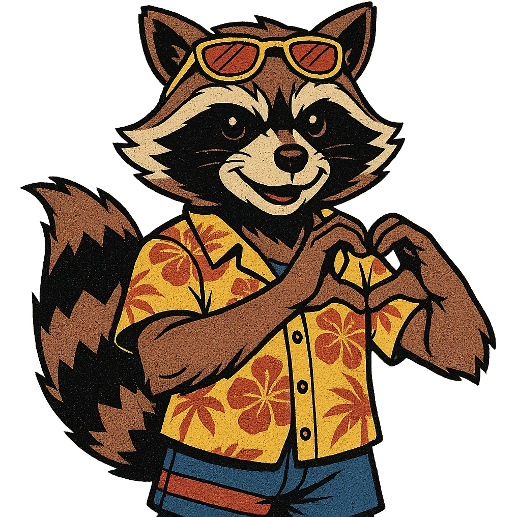 Rocket Raccoon Marvel Rivals summer skin, comic book style, showing heart gesture, no background, based on provided reference emoji