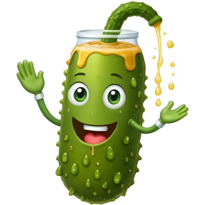 a cartoon pickle with juice squirting from the top of it, being squeezed by a hand emoji
