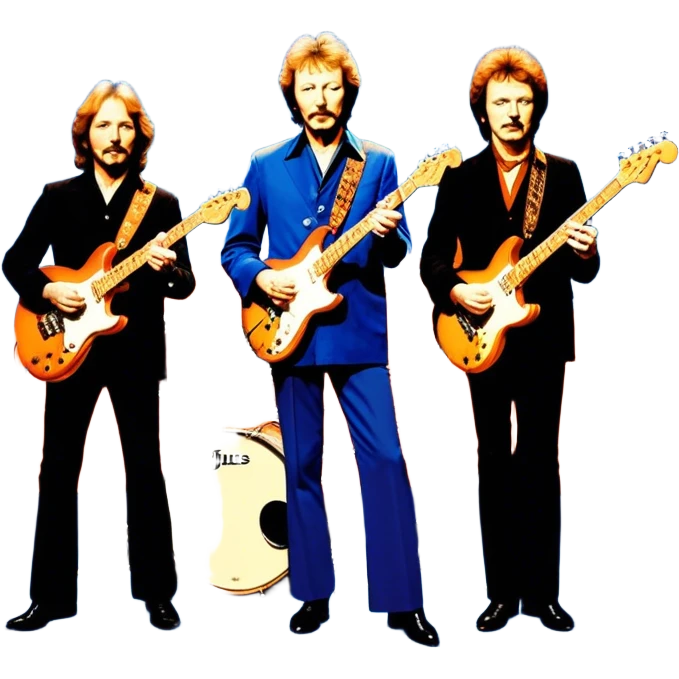 Icon for Blues Rock: collage of the band Cream, with silhouettes of the members (Eric Clapton, Jack Bruce, Ginger Baker) and symbolic items like guitars, drums and bass. The design should convey the powerful, energetic vibe of the band's music. Transparent background. emoji