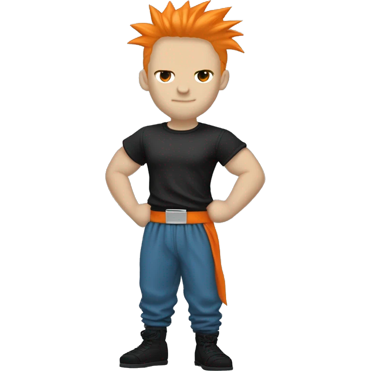 Silver spiked hair
Very white skin
Black eyes
Orange gi T-shirt and pants over blue short-sleeved T-shirt
Black shoes
Black wrist bands on both wrists
Black belt emoji