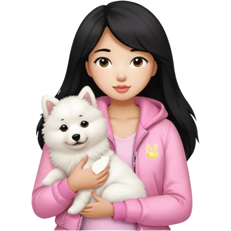 A black long hair asian pretty girl with a bright skintone using a baby pink juicy couture jacket with white tanktop holding a samoyed dog emoji