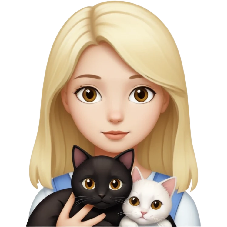 Blonde girl with brown eyes holding a black cat and a white cat emoji