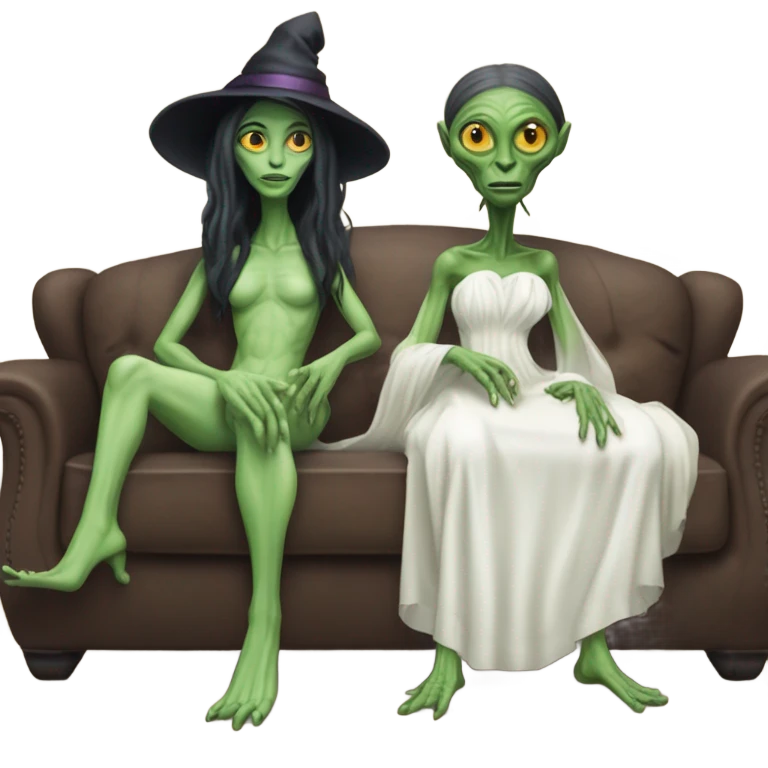 alien reptilian woman as witch, normal human man in white dress, sitting on a couch  emoji