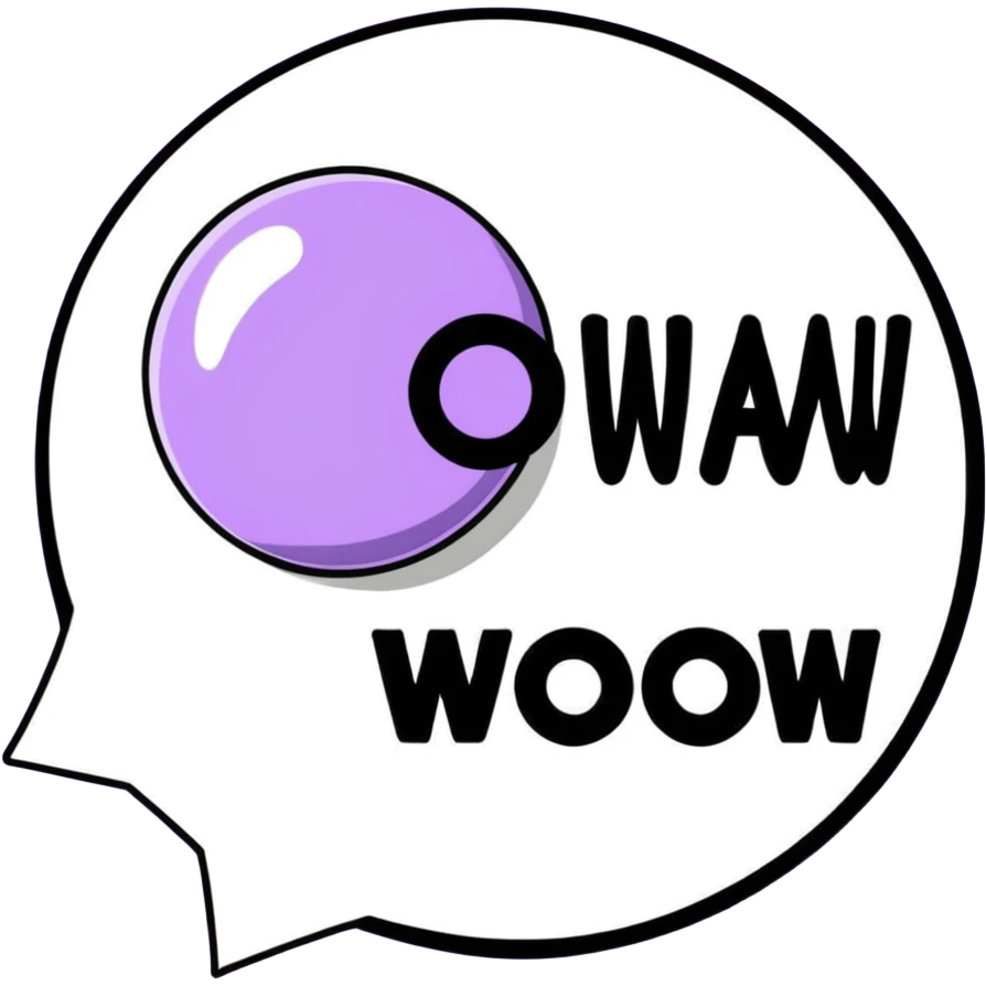 Purple bubble with white text saying "WOW!" emoji