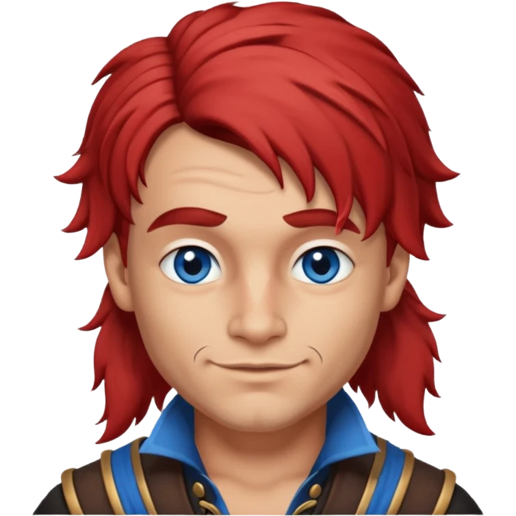 flirting french pirate with a chin dimple blue eyes and hair that fades from red to brown and a wolfcut hairstyle emoji